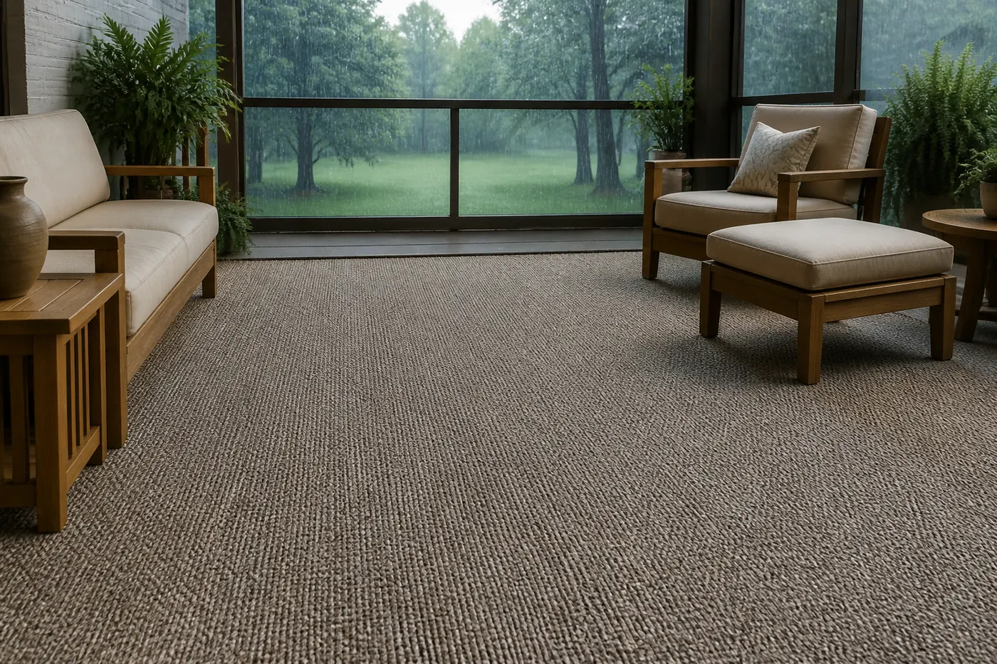 Indoor-outdoor carpet on a covered residential porch